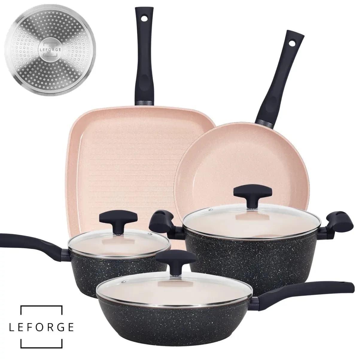 Batería de Cocina Le Forge 8 Piezas Antiadherente Cerámica Granito Rosa