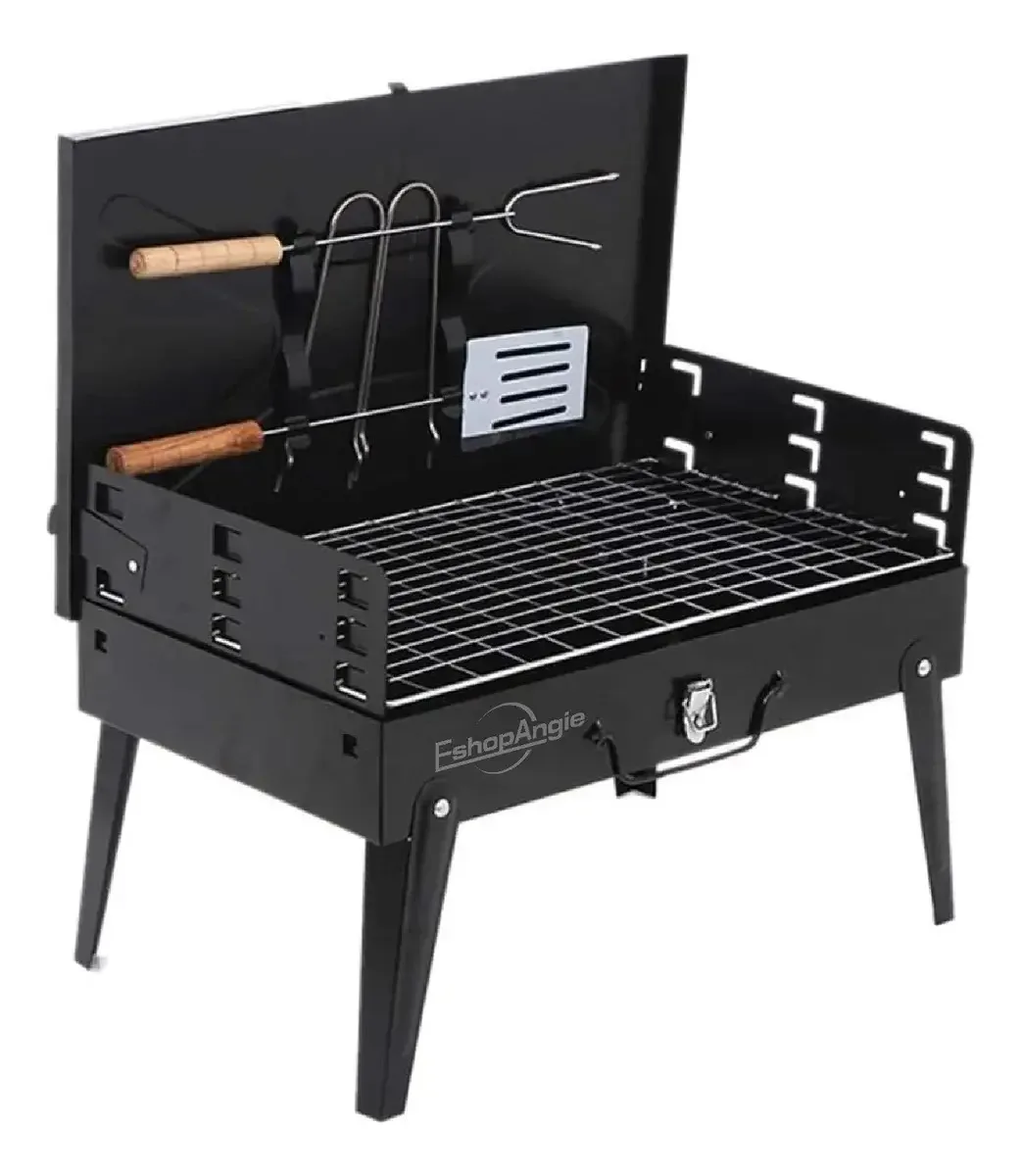 Parrilla Plegable Portátil a Carbón (acero inoxidable, con tapa, emparrillado regulable)
