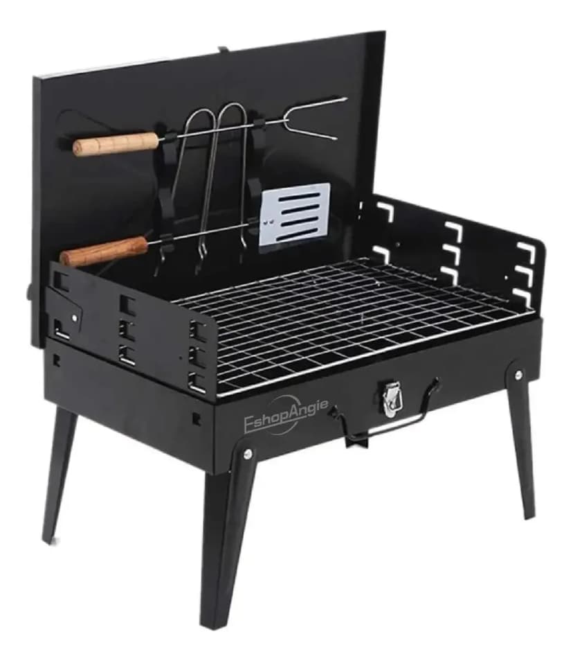 Parrilla Plegable Portátil a Carbón (acero inoxidable, con tapa, emparrillado regulable)