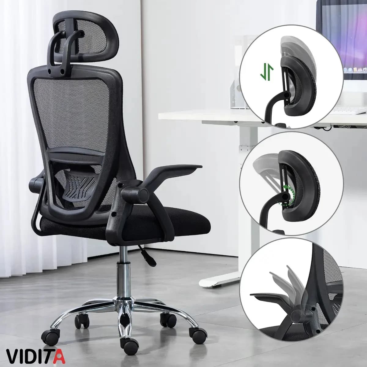 Silla Ergonómica Vidita Emilia Plus (malla, apoyacabezas, apoyabrazos ajustables)